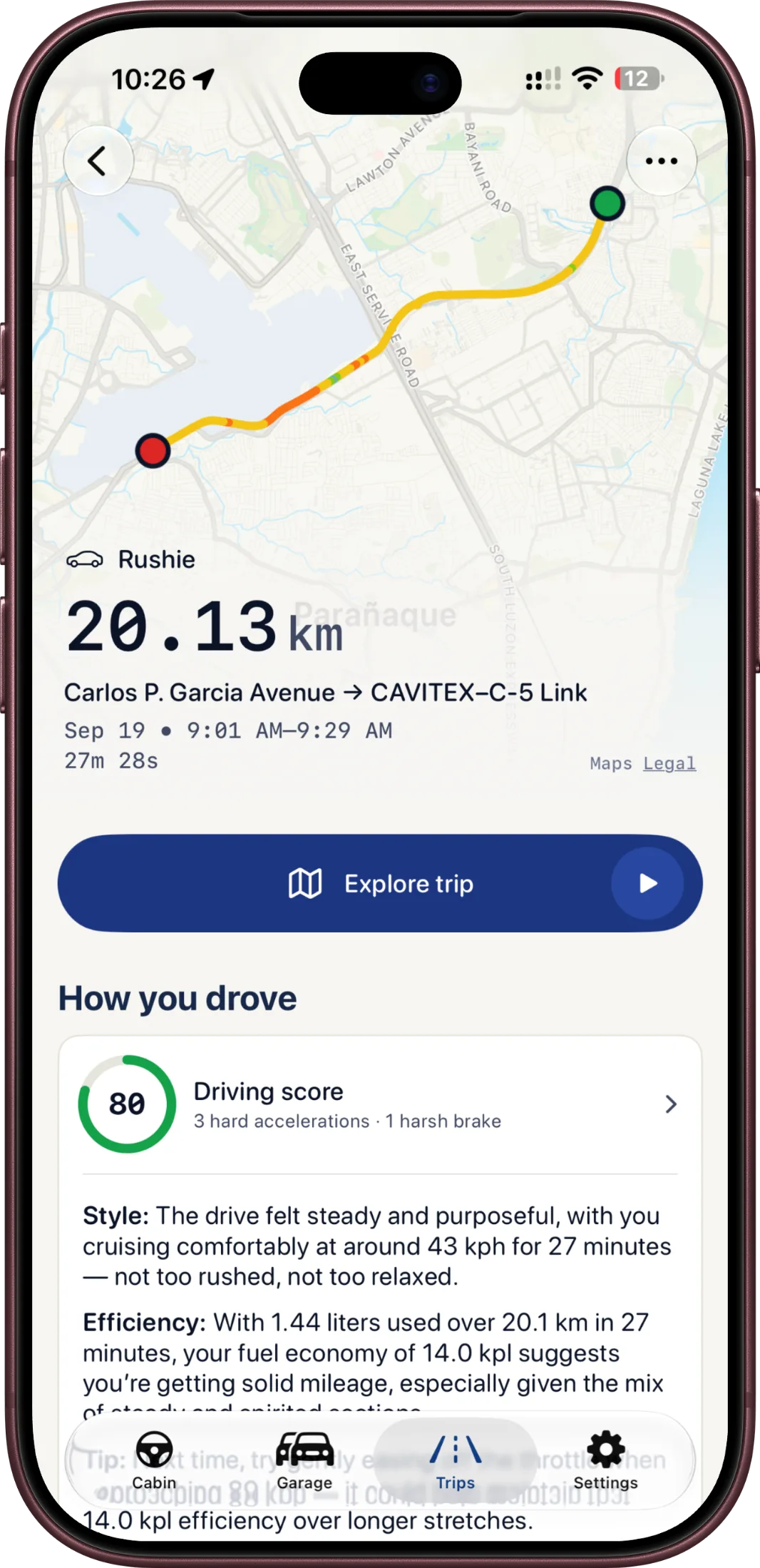 RevDash trip summary